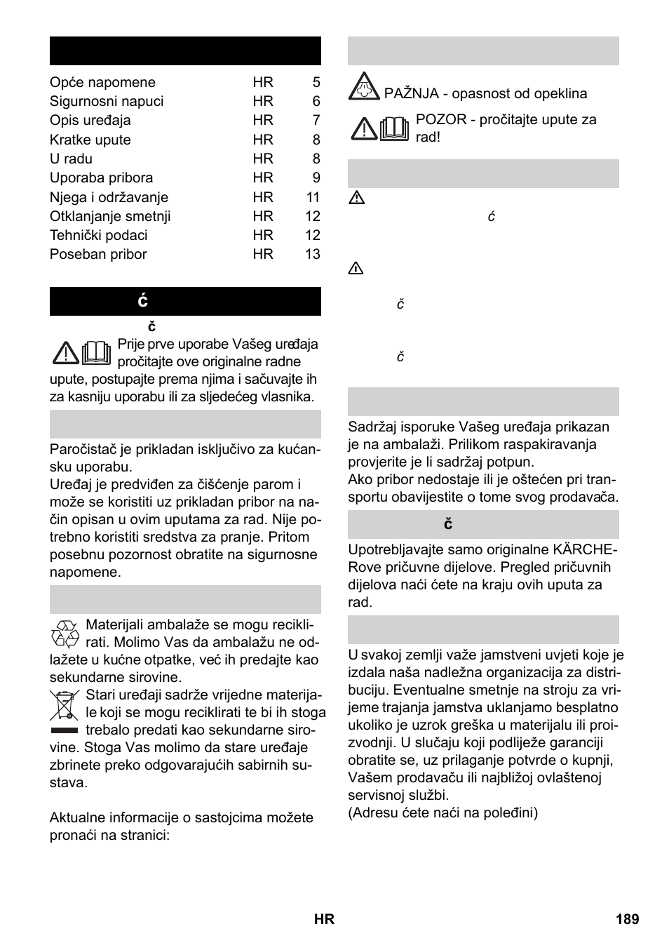 Hrvatski, Sadržaj, Opće napomene | Karcher SC 2-550 C EU User Manual | Page 189 / 266