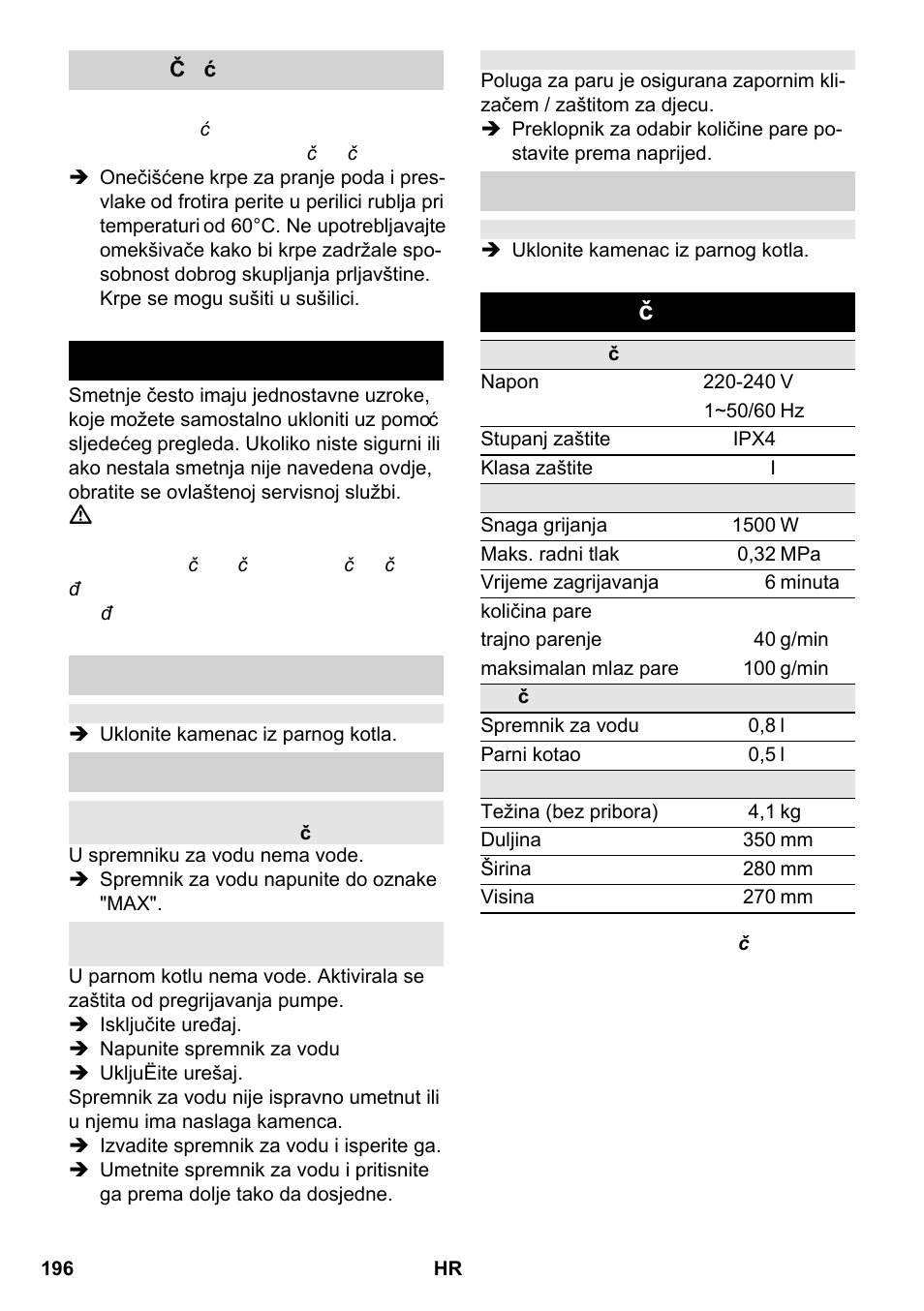 Otklanjanje smetnji, Tehnički podaci | Karcher SC 2-550 C EU User Manual | Page 196 / 266