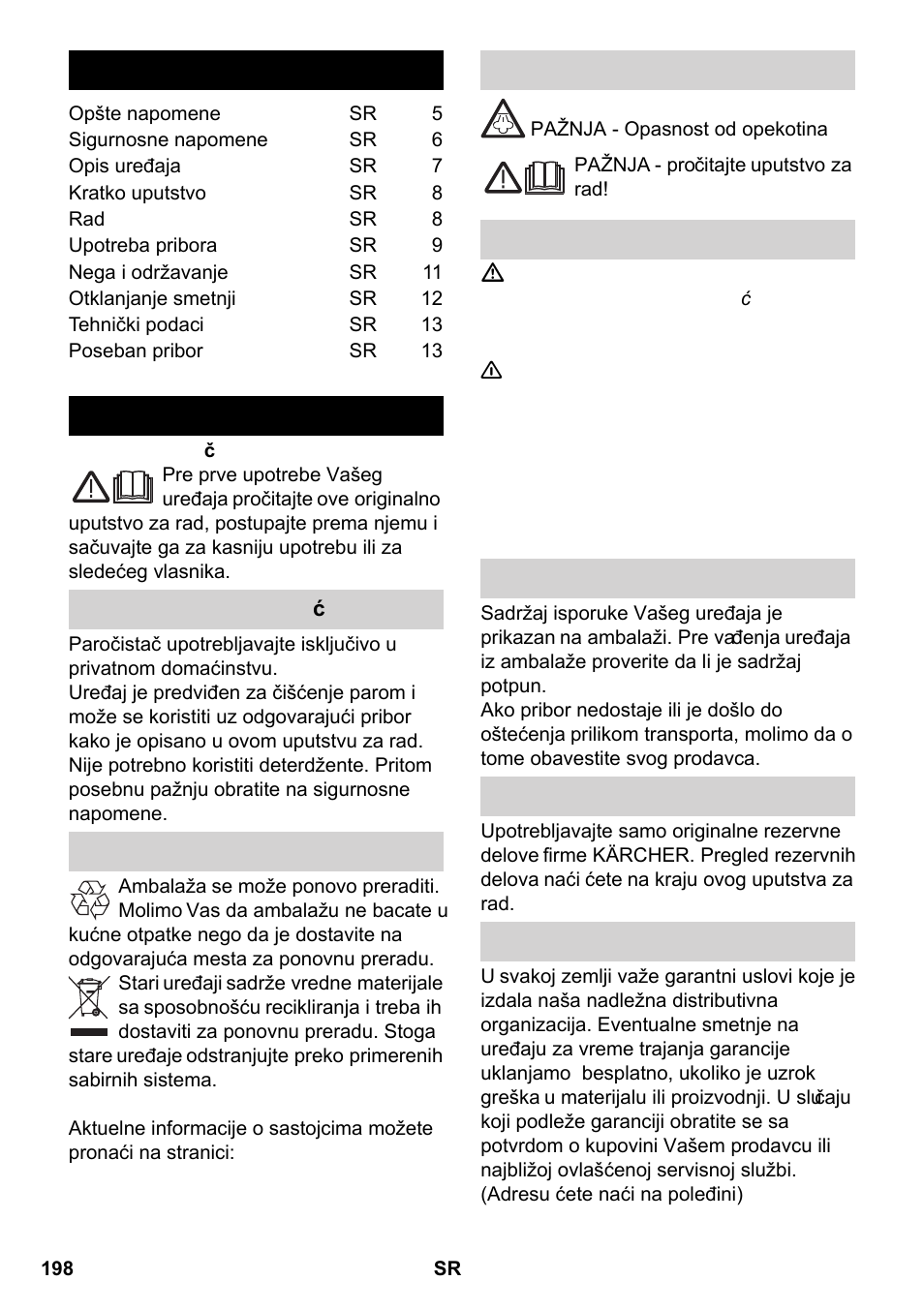 Srpski, Sadržaj, Opšte napomene | Karcher SC 2-550 C EU User Manual | Page 198 / 266