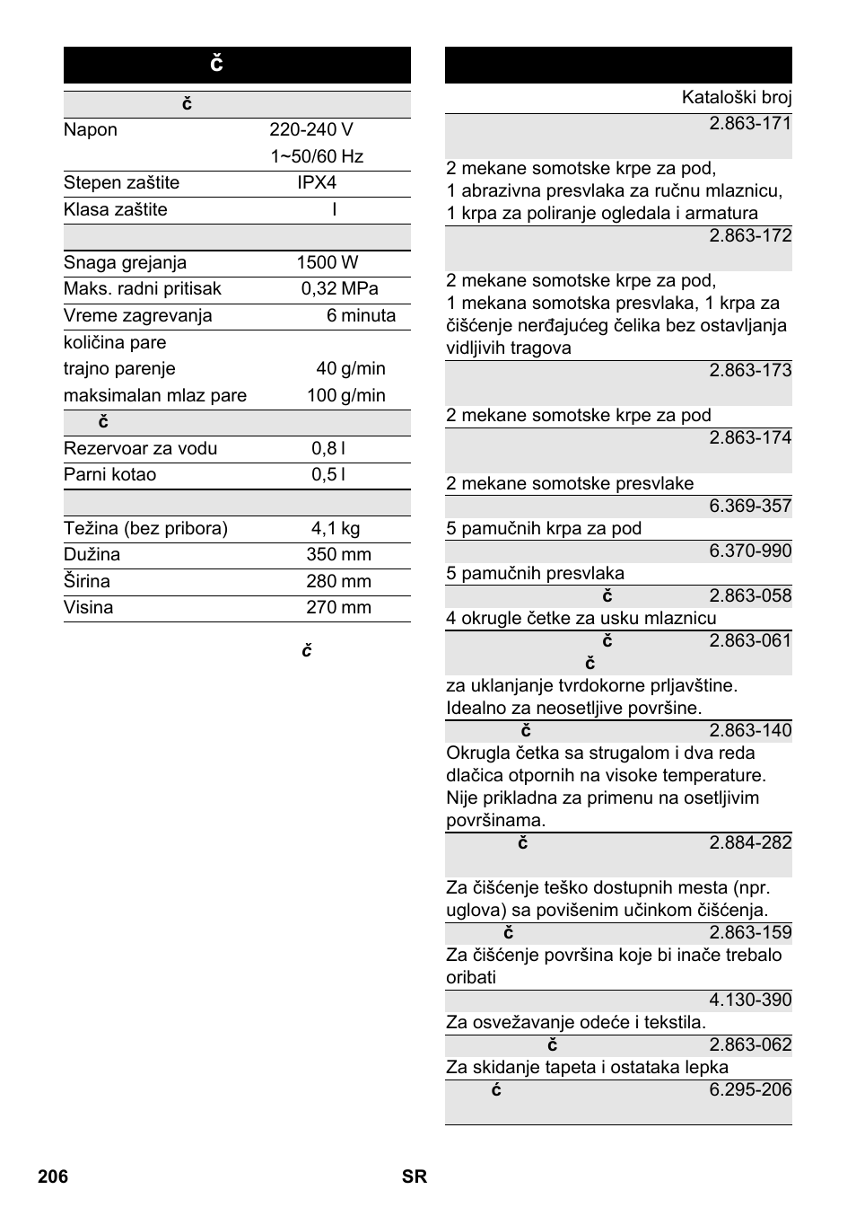 Tehni čki podaci, Poseban pribor | Karcher SC 2-550 C EU User Manual | Page 206 / 266