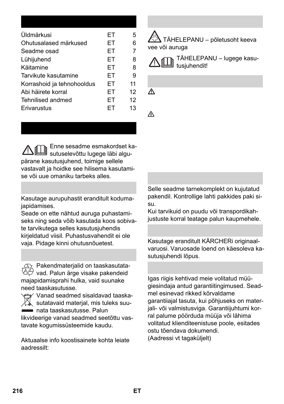 Eesti, Sisukord, Üldmärkusi | Karcher SC 2-550 C EU User Manual | Page 216 / 266