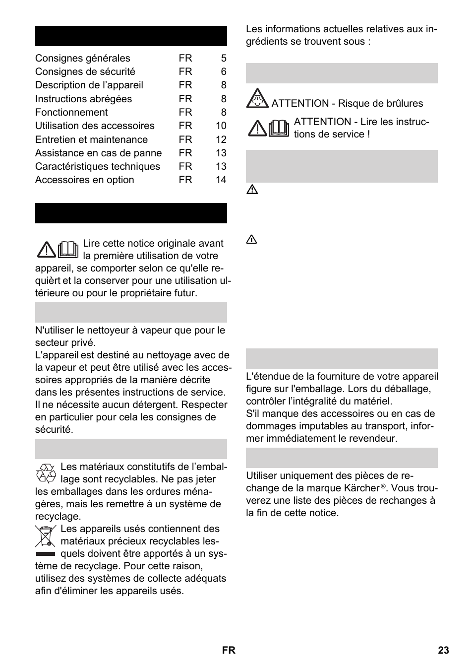 Français, Contenu, Consignes générales | Karcher SC 2-550 C EU User Manual | Page 23 / 266