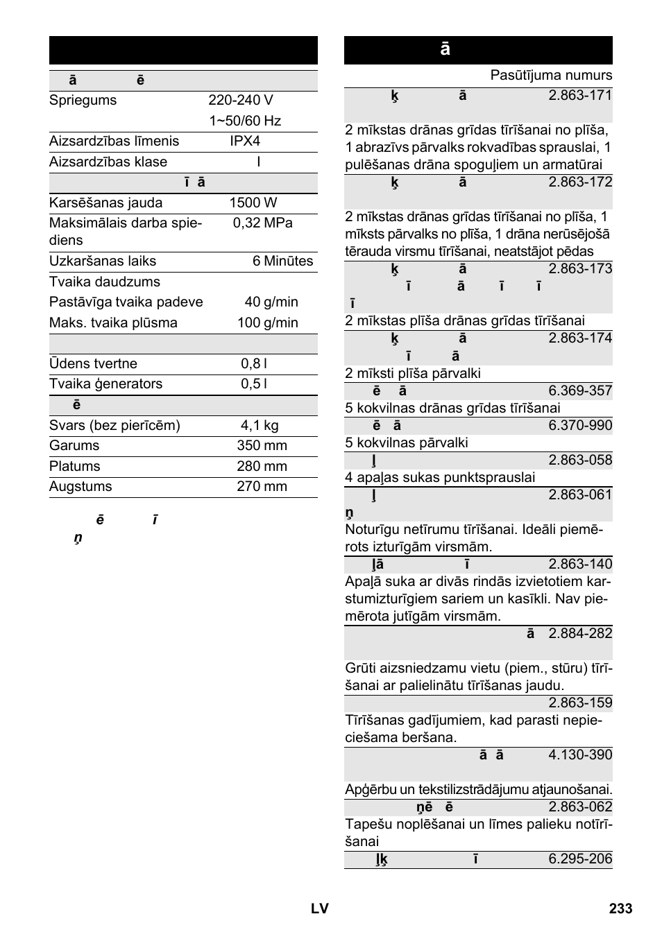 Tehniskie dati, Speci ālie piederumi | Karcher SC 2-550 C EU User Manual | Page 233 / 266