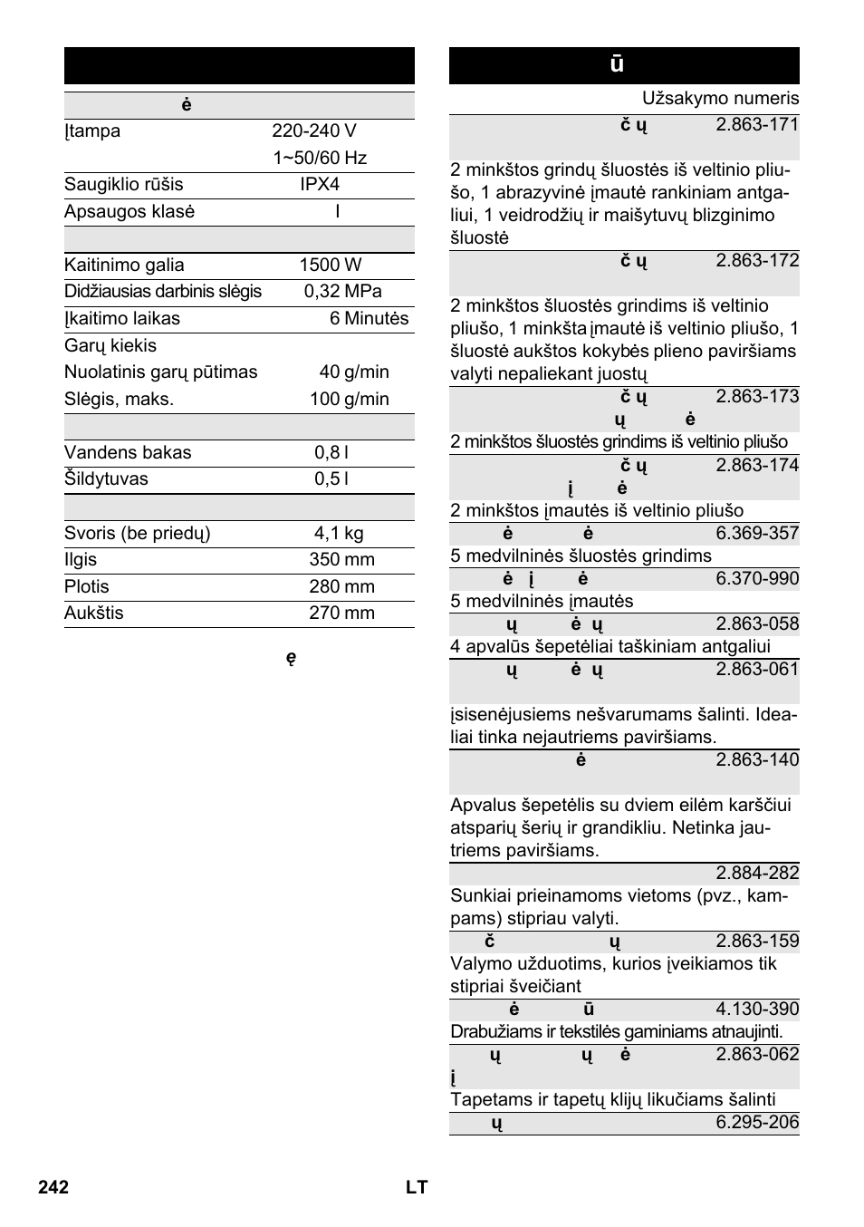 Techniniai duomenys, Special ūs priedai | Karcher SC 2-550 C EU User Manual | Page 242 / 266