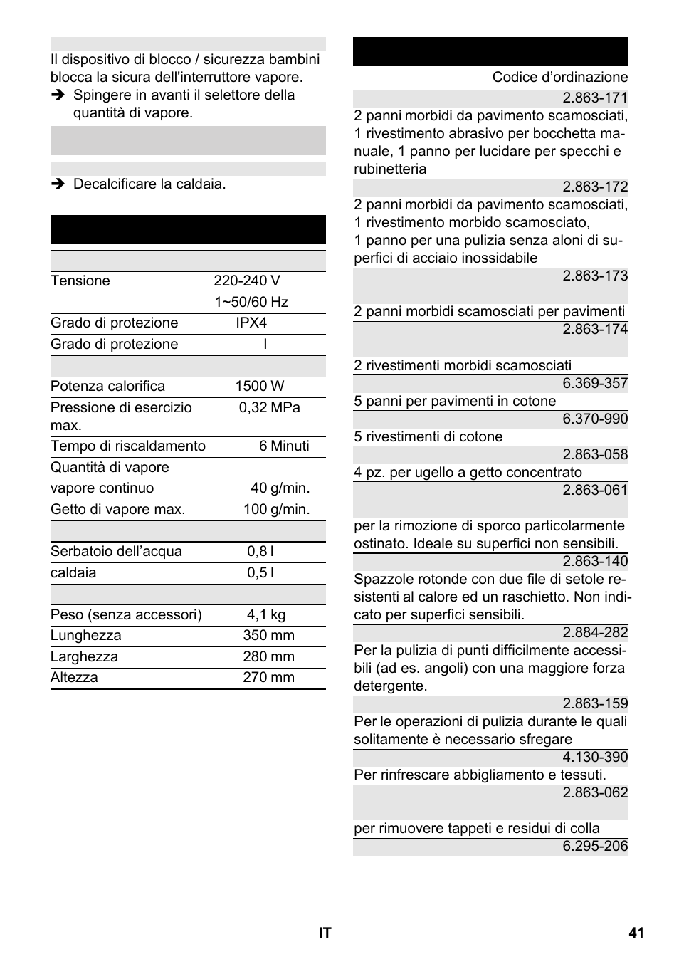 Dati tecnici, Accessori optional | Karcher SC 2-550 C EU User Manual | Page 41 / 266