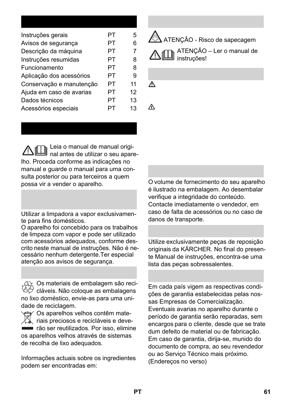 Português, Índice, Instruções gerais | Karcher SC 2-550 C EU User Manual | Page 61 / 266