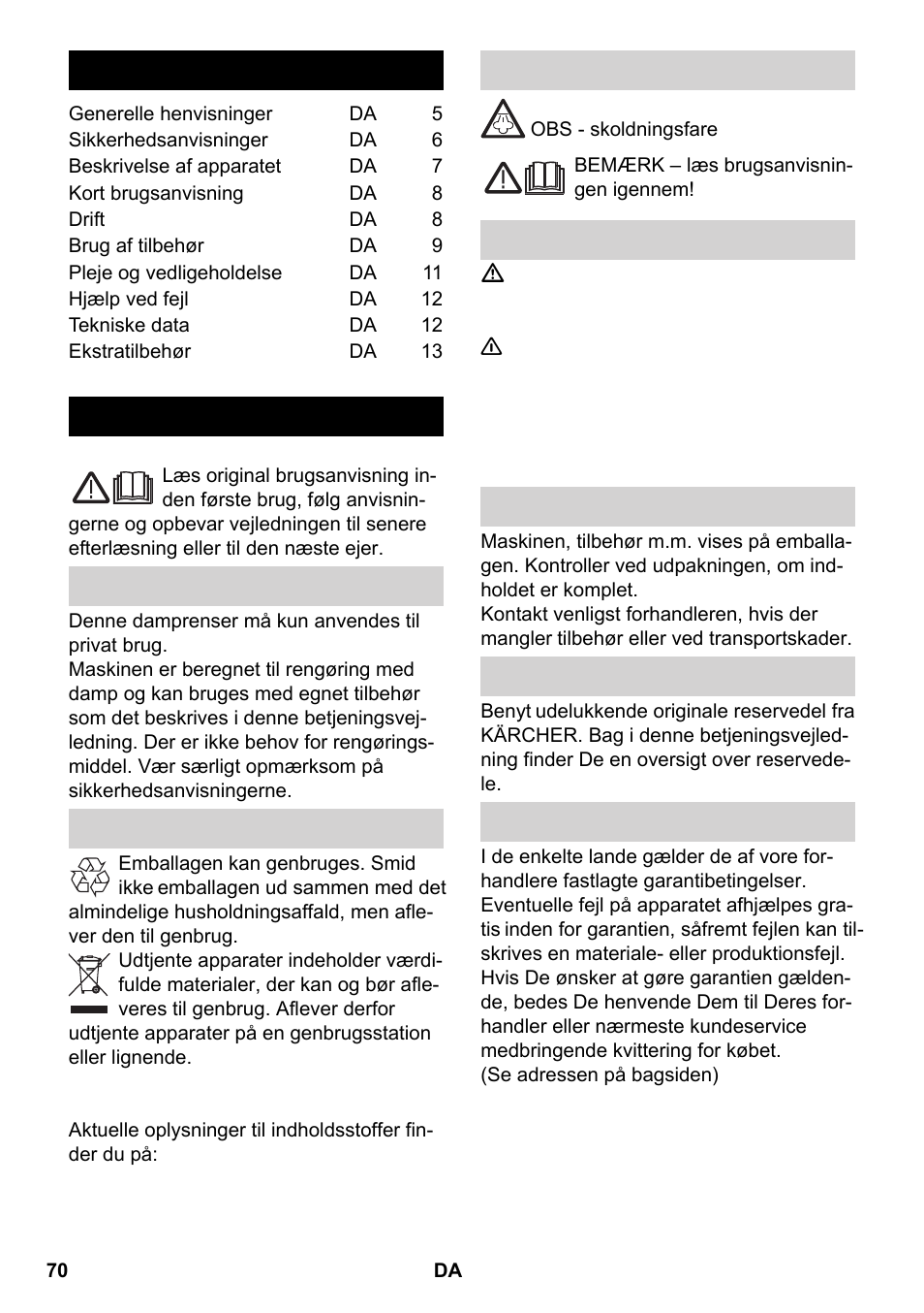 Dansk, Indhold, Generelle henvisninger | Karcher SC 2-550 C EU User Manual | Page 70 / 266