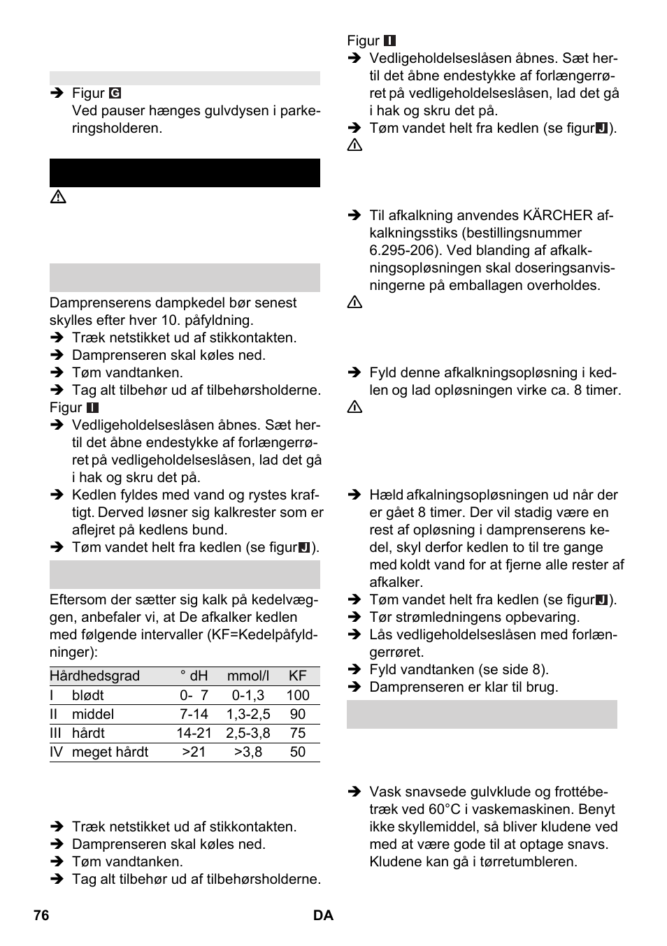 Pleje og vedligeholdelse | Karcher SC 2-550 C EU User Manual | Page 76 / 266