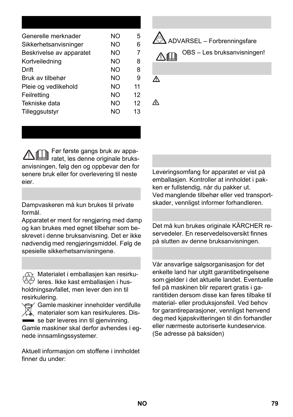 Norsk, Innhold, Generelle merknader | Karcher SC 2-550 C EU User Manual | Page 79 / 266