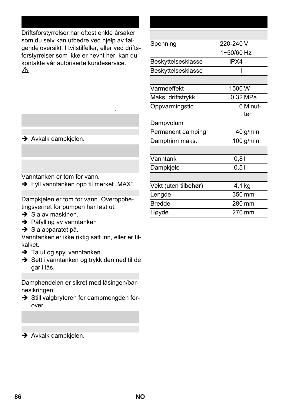 Feilretting, Tekniske data | Karcher SC 2-550 C EU User Manual | Page 86 / 266