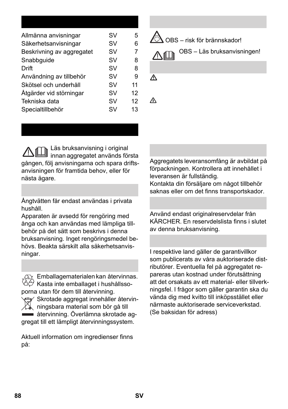 Svenska, Innehåll, Allmänna anvisningar | Karcher SC 2-550 C EU User Manual | Page 88 / 266