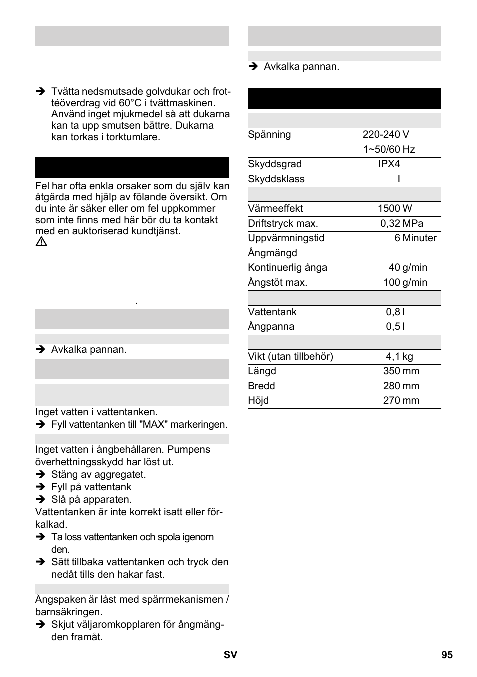Åtgärder vid störningar, Tekniska data | Karcher SC 2-550 C EU User Manual | Page 95 / 266