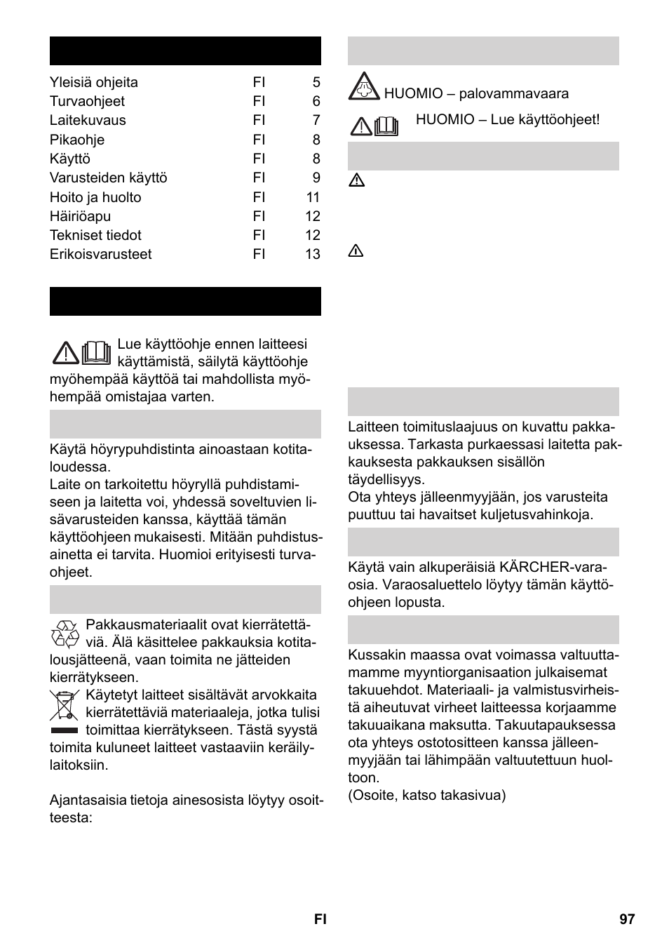 Suomi, Sisältö, Yleisiä ohjeita | Karcher SC 2-550 C EU User Manual | Page 97 / 266