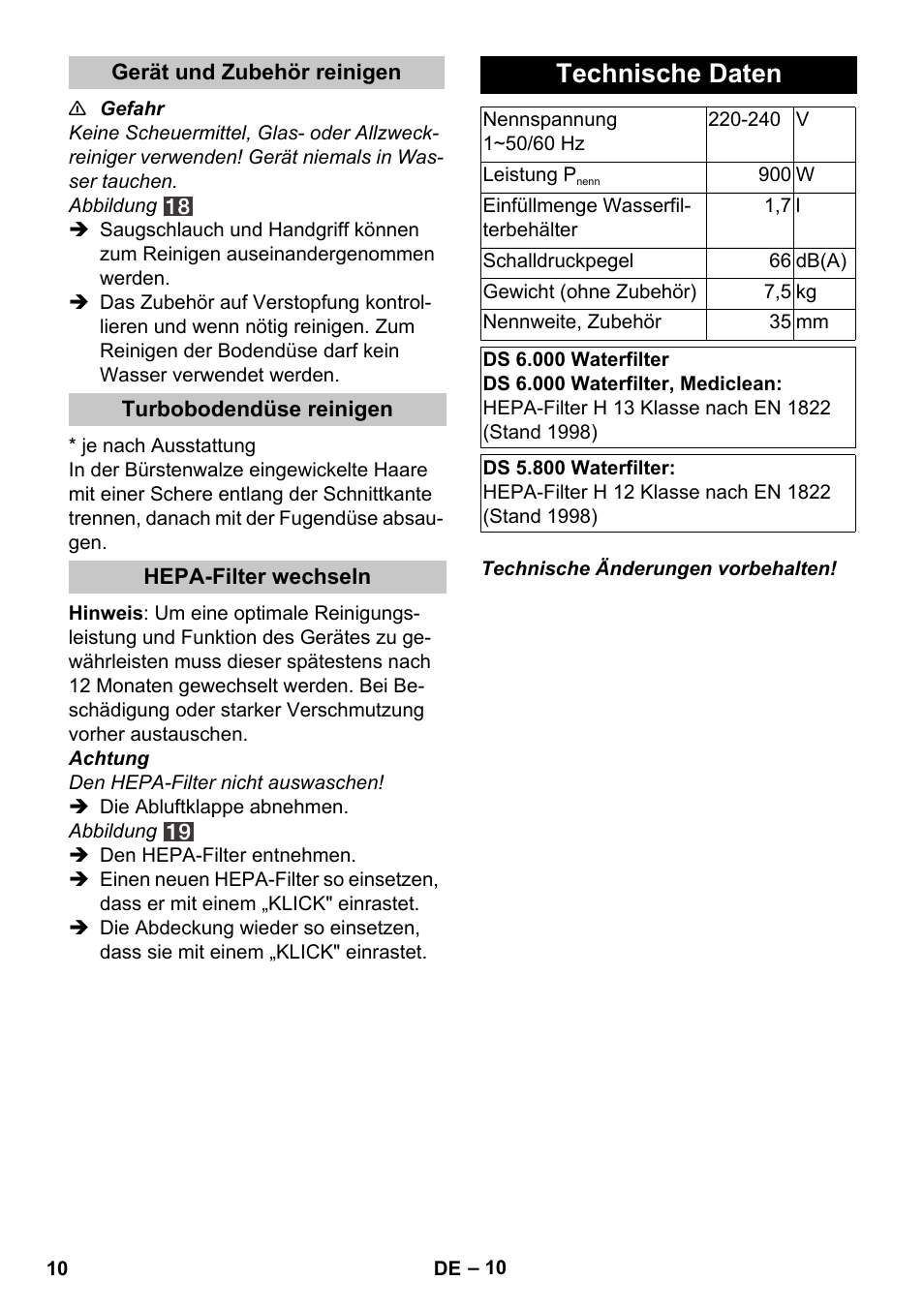 Gerät und zubehör reinigen, Turbobodendüse reinigen, Hepa-filter wechseln | Technische daten | Karcher Vysavač s vodním filtrem DS 5-800 vodní filtr User Manual | Page 10 / 198