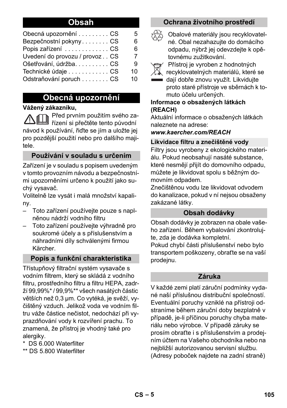 Karcher Vysavač s vodním filtrem DS 5-800 vodní filtr User Manual | Page 105 / 198