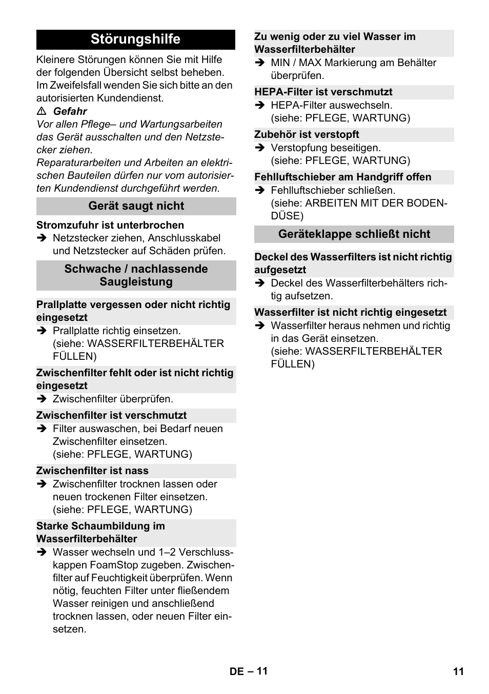 Störungshilfe, Gerät saugt nicht, Schwache / nachlassende saugleistung | Zwischenfilter ist verschmutzt, Zwischenfilter ist nass, Starke schaumbildung im wasserfilterbehälter, Hepa-filter ist verschmutzt, Zubehör ist verstopft, Fehlluftschieber am handgriff offen, Geräteklappe schließt nicht | Karcher Vysavač s vodním filtrem DS 5-800 vodní filtr User Manual | Page 11 / 198