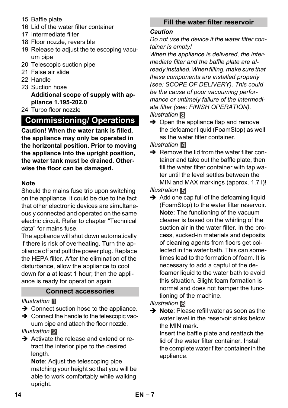 Commissioning/ operations, Connect accessories, Fill the water filter reservoir | Karcher Vysavač s vodním filtrem DS 5-800 vodní filtr User Manual | Page 14 / 198