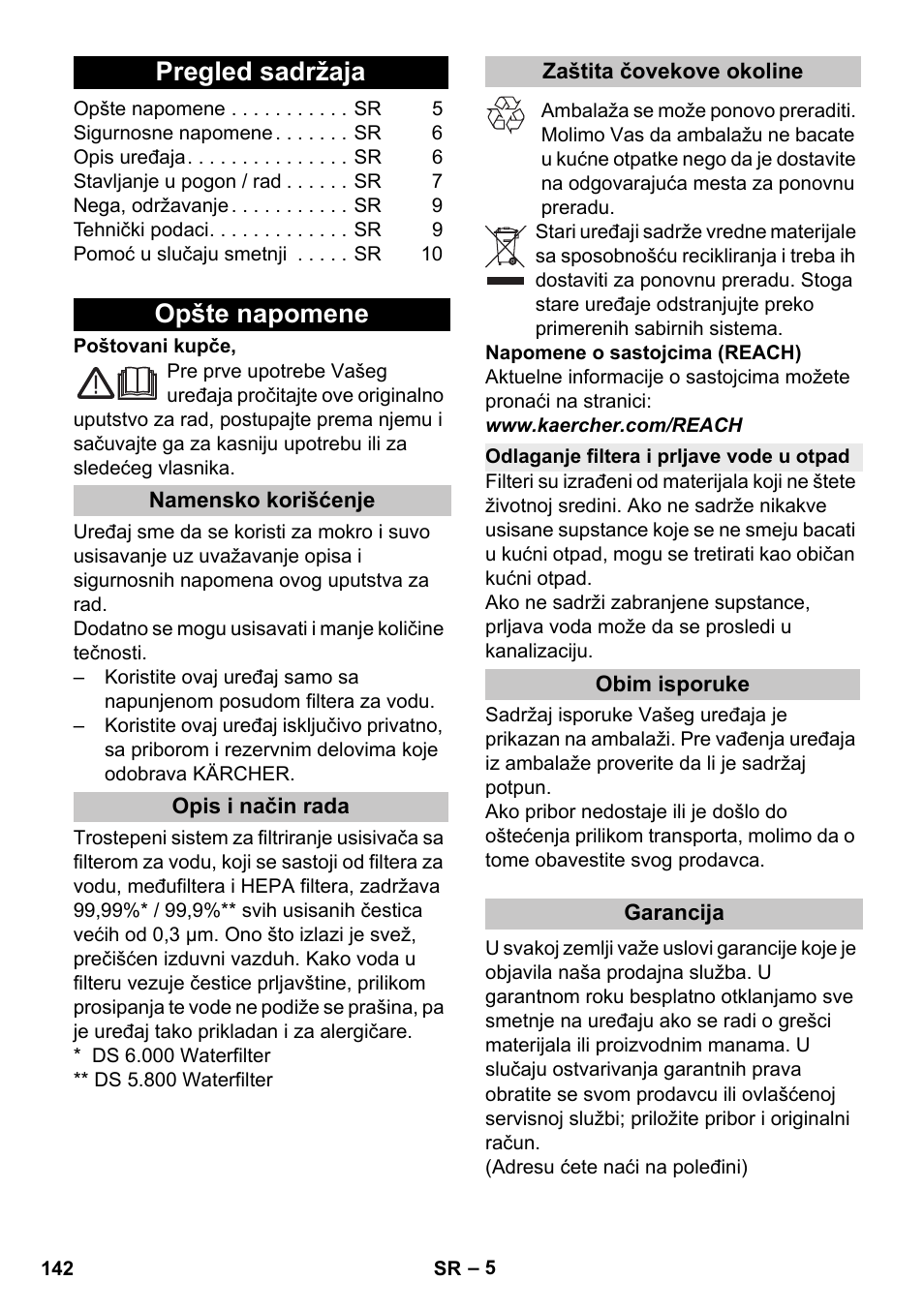 Srpski, Pregled sadržaja, Opšte napomene | Namensko korišćenje, Opis i način rada, Zaštita čovekove okoline, Odlaganje filtera i prljave vode u otpad, Obim isporuke, Garancija | Karcher Vysavač s vodním filtrem DS 5-800 vodní filtr User Manual | Page 142 / 198