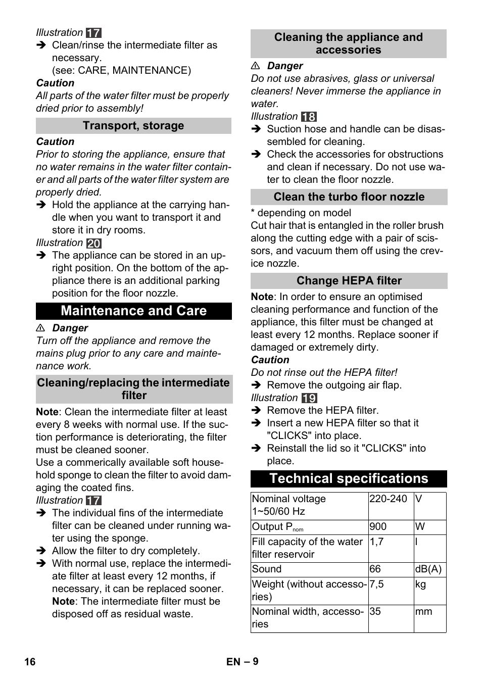 Transport, storage, Maintenance and care, Cleaning/replacing the intermediate filter | Cleaning the appliance and accessories, Clean the turbo floor nozzle, Change hepa filter, Technical specifications | Karcher Vysavač s vodním filtrem DS 5-800 vodní filtr User Manual | Page 16 / 198