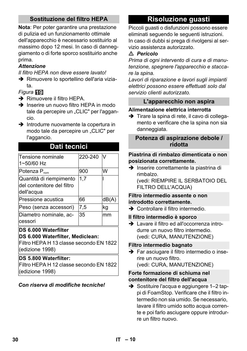 Sostituzione del filtro hepa, Dati tecnici, Risoluzione guasti | L'apparecchio non aspira, Potenza di aspirazione debole / ridotta, Il filtro intermedio è sporco, Filtro intermedio bagnato | Karcher Vysavač s vodním filtrem DS 5-800 vodní filtr User Manual | Page 30 / 198