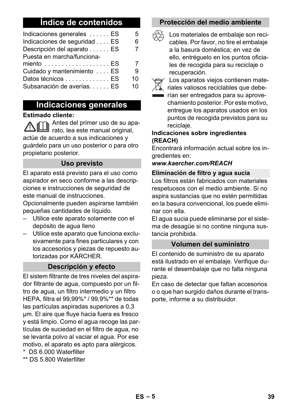 Karcher Vysavač s vodním filtrem DS 5-800 vodní filtr User Manual | Page 39 / 198