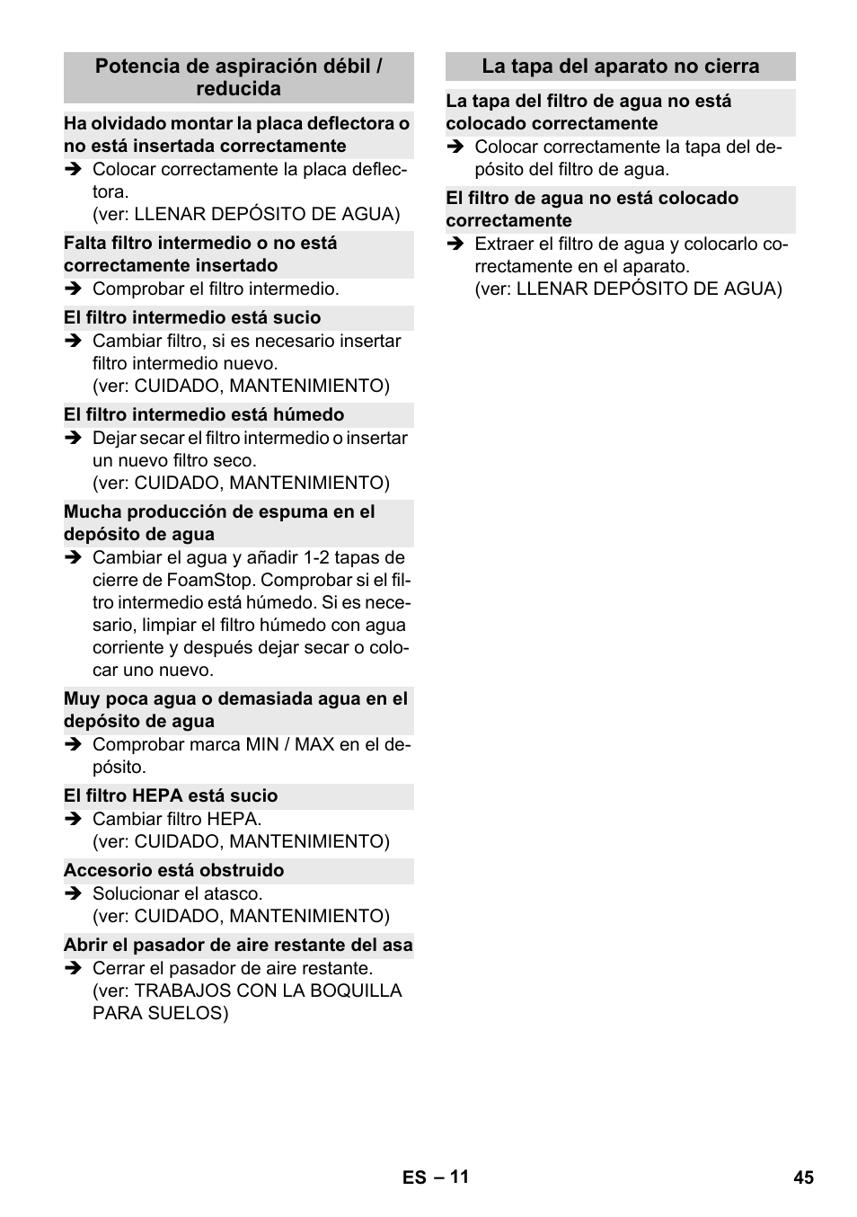 Potencia de aspiración débil / reducida, El filtro intermedio está sucio, El filtro intermedio está húmedo | Mucha producción de espuma en el depósito de agua, El filtro hepa está sucio, Accesorio está obstruido, Abrir el pasador de aire restante del asa, La tapa del aparato no cierra, El filtro de agua no está colocado correctamente | Karcher Vysavač s vodním filtrem DS 5-800 vodní filtr User Manual | Page 45 / 198
