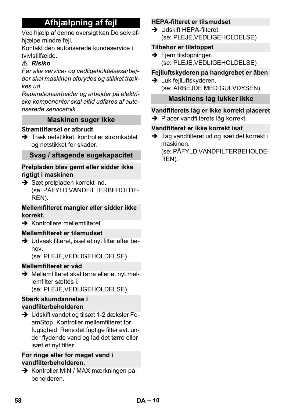 Afhjælpning af fejl, Maskinen suger ikke, Svag / aftagende sugekapacitet | Mellemfilteret mangler eller sidder ikke korrekt, Mellemfilteret er tilsmudset, Mellemfilteret er våd, Stærk skumdannelse i vandfilterbeholderen, Hepa-filteret er tilsmudset, Tilbehør er tilstoppet, Fejlluftskyderen på håndgrebet er åben | Karcher Vysavač s vodním filtrem DS 5-800 vodní filtr User Manual | Page 58 / 198