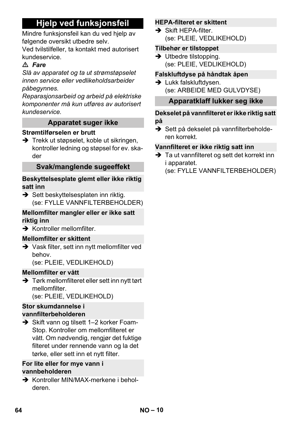 Hjelp ved funksjonsfeil, Apparatet suger ikke, Svak/manglende sugeeffekt | Beskyttelsesplate glemt eller ikke riktig satt inn, Mellomfilter mangler eller er ikke satt riktig inn, Mellomfilter er skittent, Mellomfilter er vått, Stor skumdannelse i vannfilterbeholderen, For lite eller for mye vann i vannbeholderen, Hepa-filteret er skittent | Karcher Vysavač s vodním filtrem DS 5-800 vodní filtr User Manual | Page 64 / 198