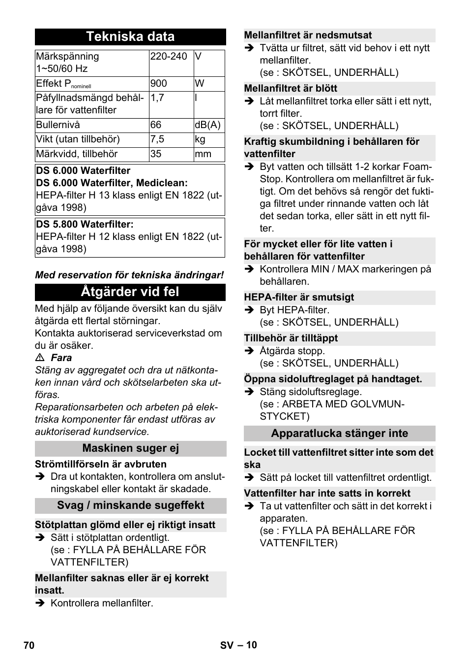 Tekniska data, Åtgärder vid fel, Maskinen suger ej | Svag / minskande sugeffekt, Stötplattan glömd eller ej riktigt insatt, Mellanfilter saknas eller är ej korrekt insatt, Mellanfiltret är nedsmutsat, Mellanfiltret är blött, Kraftig skumbildning i behållaren för vattenfilter, Hepa-filter är smutsigt | Karcher Vysavač s vodním filtrem DS 5-800 vodní filtr User Manual | Page 70 / 198