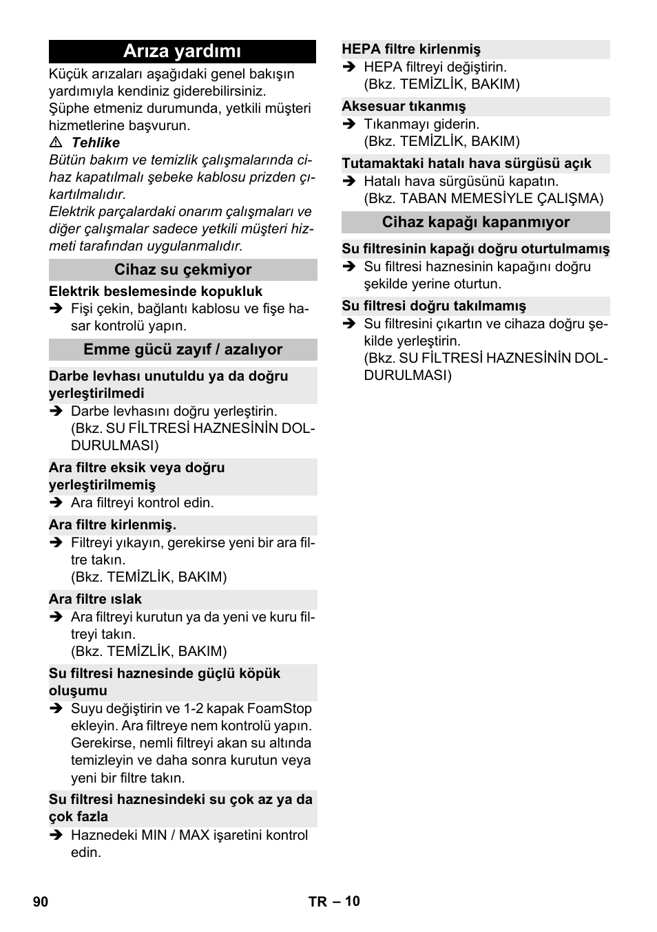 Arıza yardımı, Cihaz su çekmiyor, Emme gücü zayıf / azalıyor | Darbe levhası unutuldu ya da doğru yerleştirilmedi, Ara filtre eksik veya doğru yerleştirilmemiş, Ara filtre kirlenmiş, Ara filtre ıslak, Su filtresi haznesinde güçlü köpük oluşumu, Su filtresi haznesindeki su çok az ya da çok fazla, Hepa filtre kirlenmiş | Karcher Vysavač s vodním filtrem DS 5-800 vodní filtr User Manual | Page 90 / 198