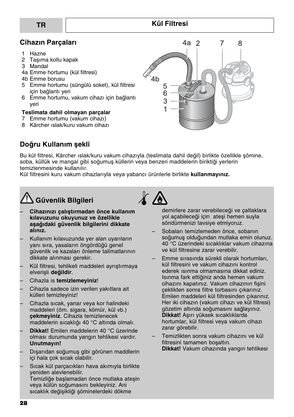 Tr kül filtresi güvenlik bilgileri, Cihazýn parçalarý, Doðru kullaným þekli | Karcher Filtr na hrubé nečistoty a popel Basic User Manual | Page 28 / 60