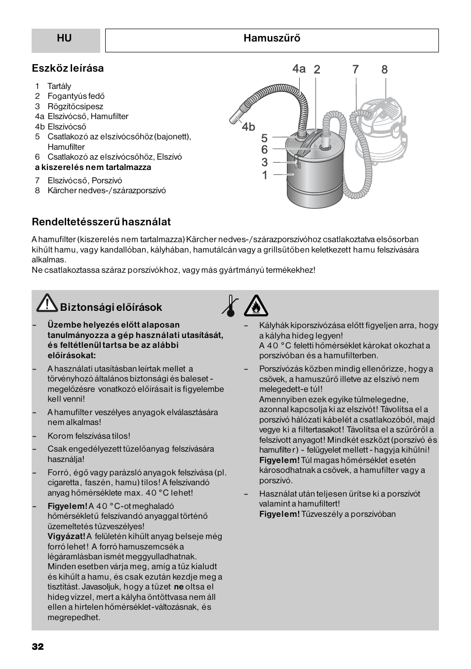 Hamuszűrő biztonsági előírások, Eszköz leírása, Rendeltetésszerű használat | Karcher Filtr na hrubé nečistoty a popel Basic User Manual | Page 32 / 60