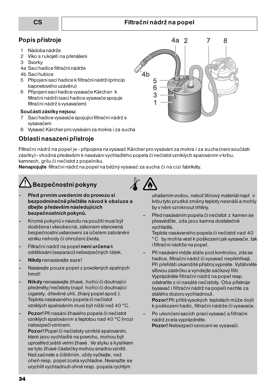 Filtrační nádrž na popel bezpečnostní pokyny, Popis přístroje, Oblasti nasazení přístroje | Karcher Filtr na hrubé nečistoty a popel Basic User Manual | Page 34 / 60