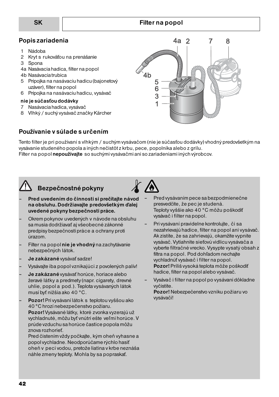 Filter na popol bezpečnostné pokyny, Popis zariadenia, Používanie v súlade s určením | Karcher Filtr na hrubé nečistoty a popel Basic User Manual | Page 42 / 60