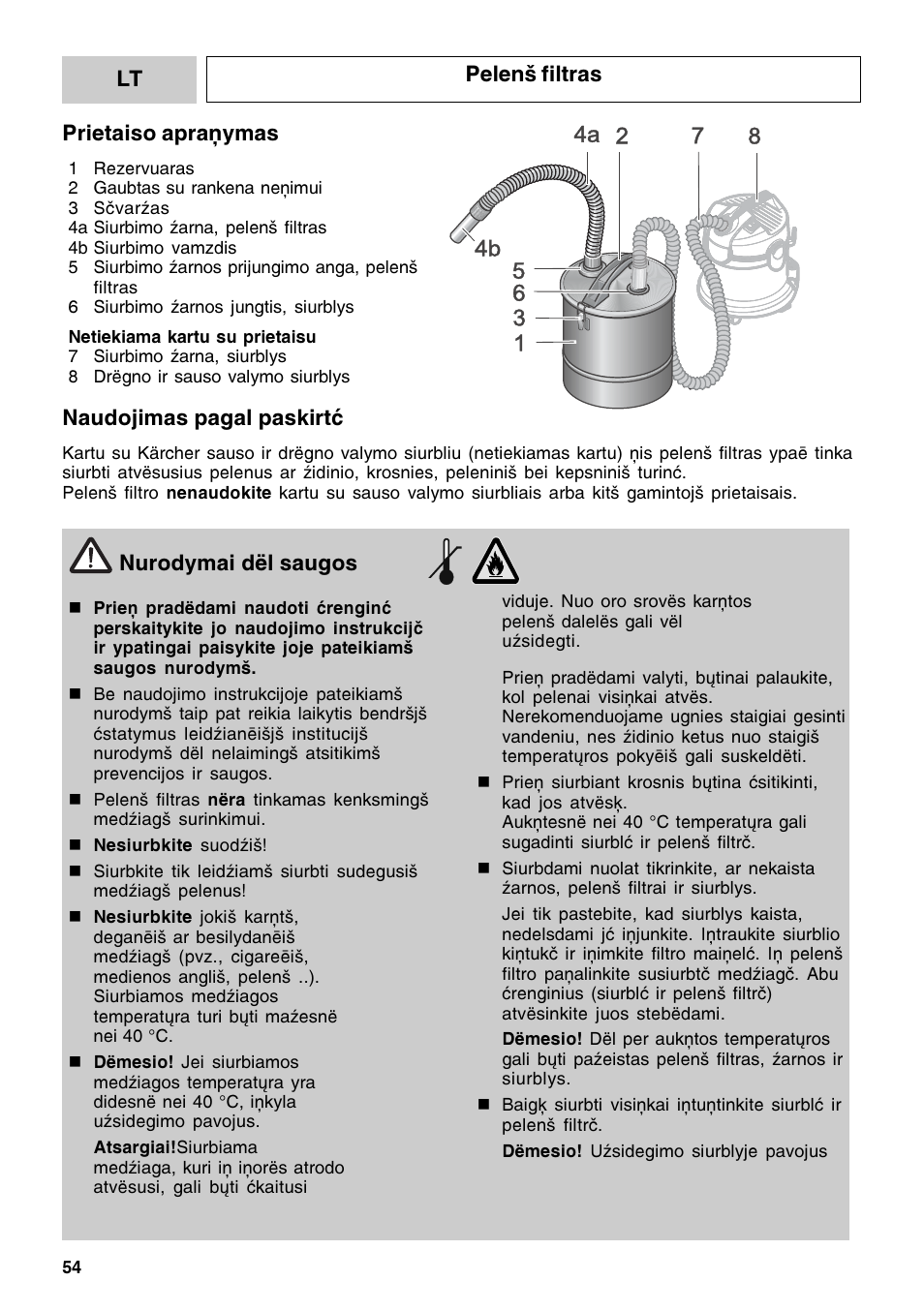 Lt pelenø filtras nurodymai dël saugos, Prietaiso apraðymas, Naudojimas pagal paskirtá | Karcher Filtr na hrubé nečistoty a popel Basic User Manual | Page 54 / 60