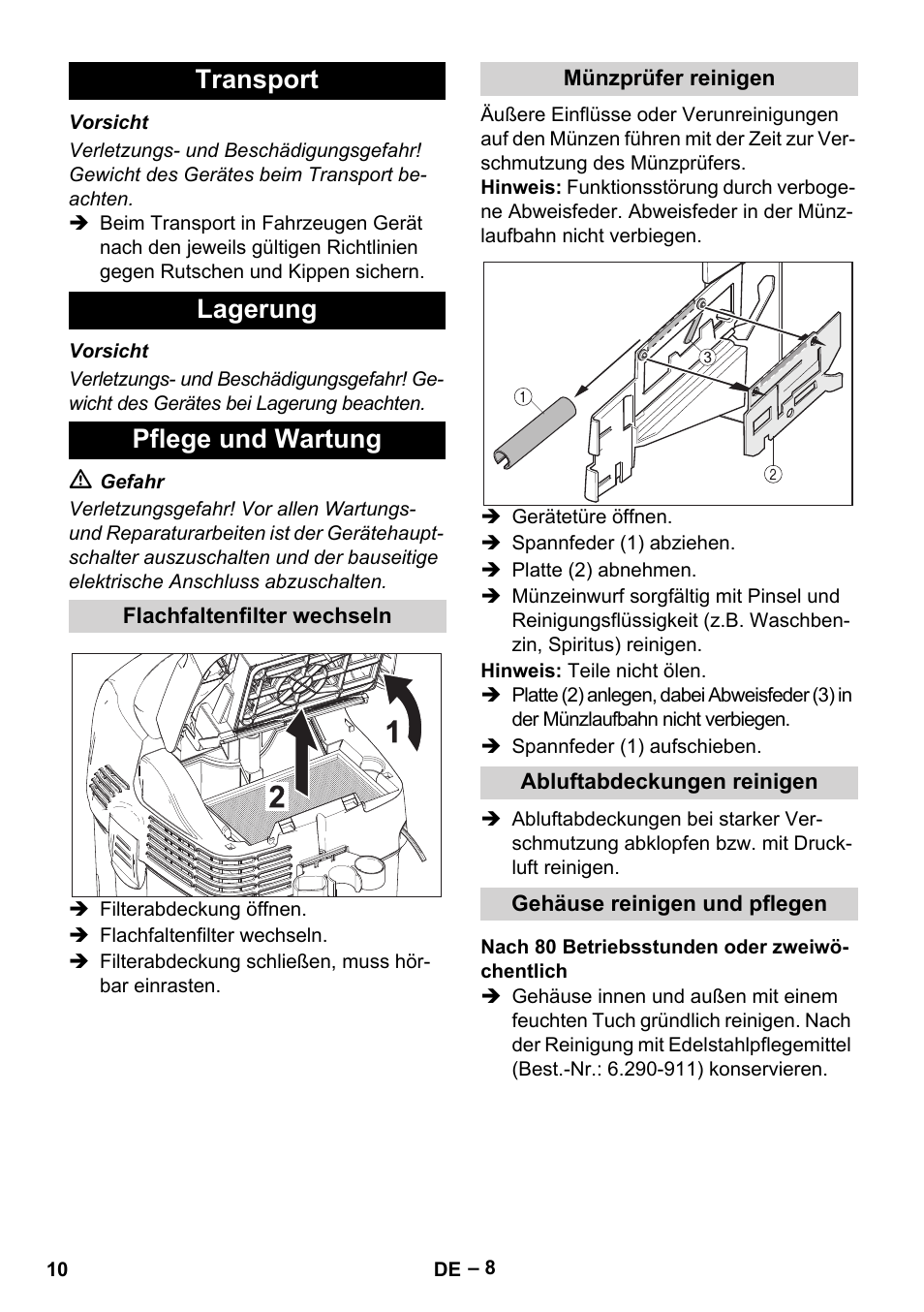 Transport lagerung pflege und wartung | Karcher SB V1 Eco User Manual | Page 10 / 356