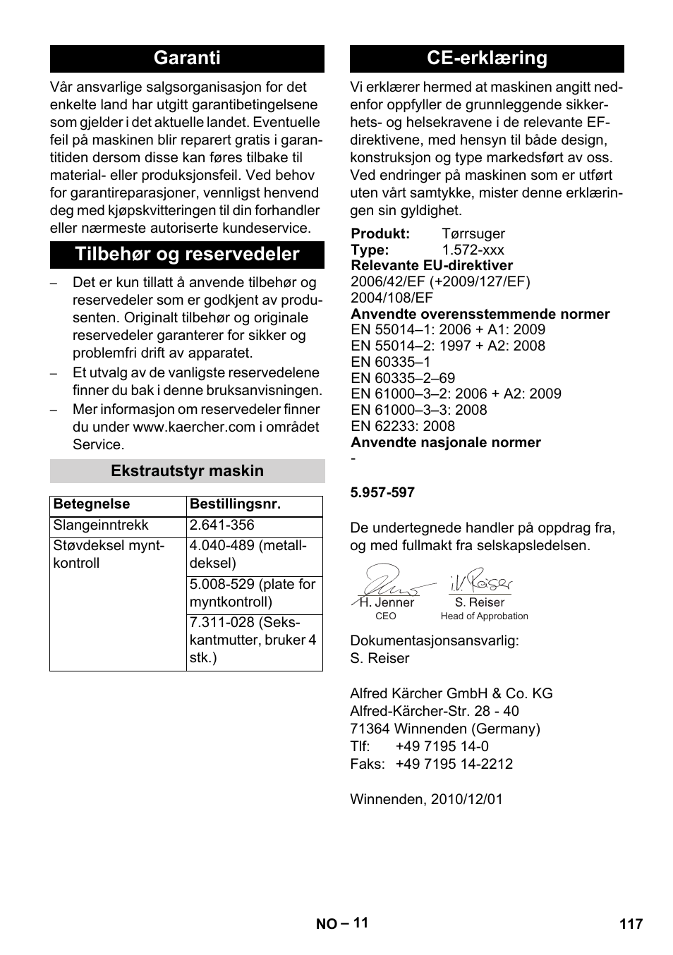 Garanti tilbehør og reservedeler, Ce-erklæring | Karcher SB V1 Eco User Manual | Page 117 / 356