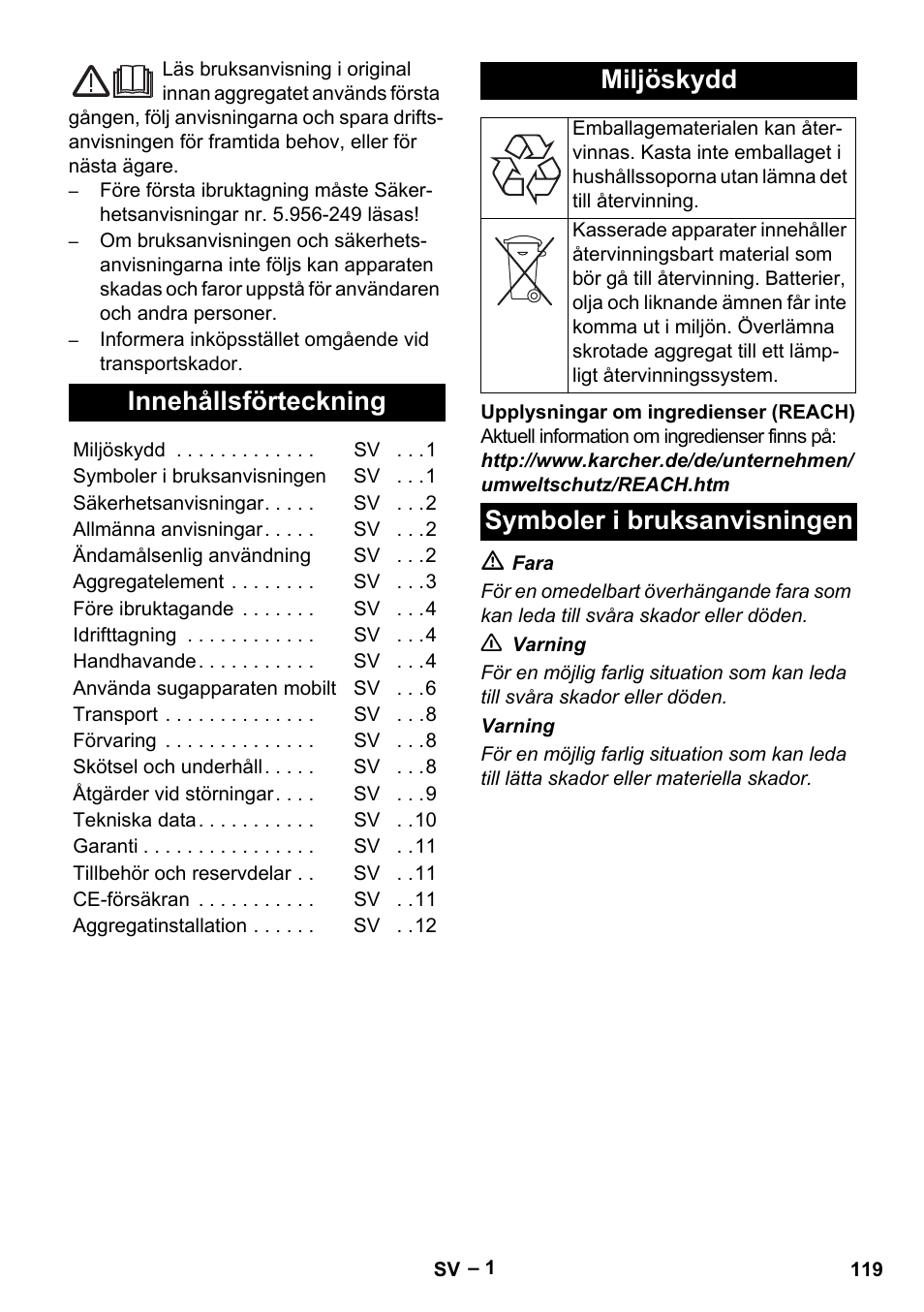 Svenska, Innehållsförteckning, Miljöskydd | Symboler i bruksanvisningen | Karcher SB V1 Eco User Manual | Page 119 / 356