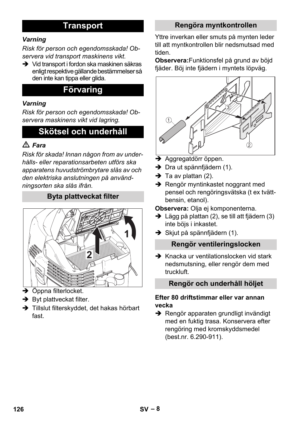 Transport förvaring skötsel och underhåll | Karcher SB V1 Eco User Manual | Page 126 / 356