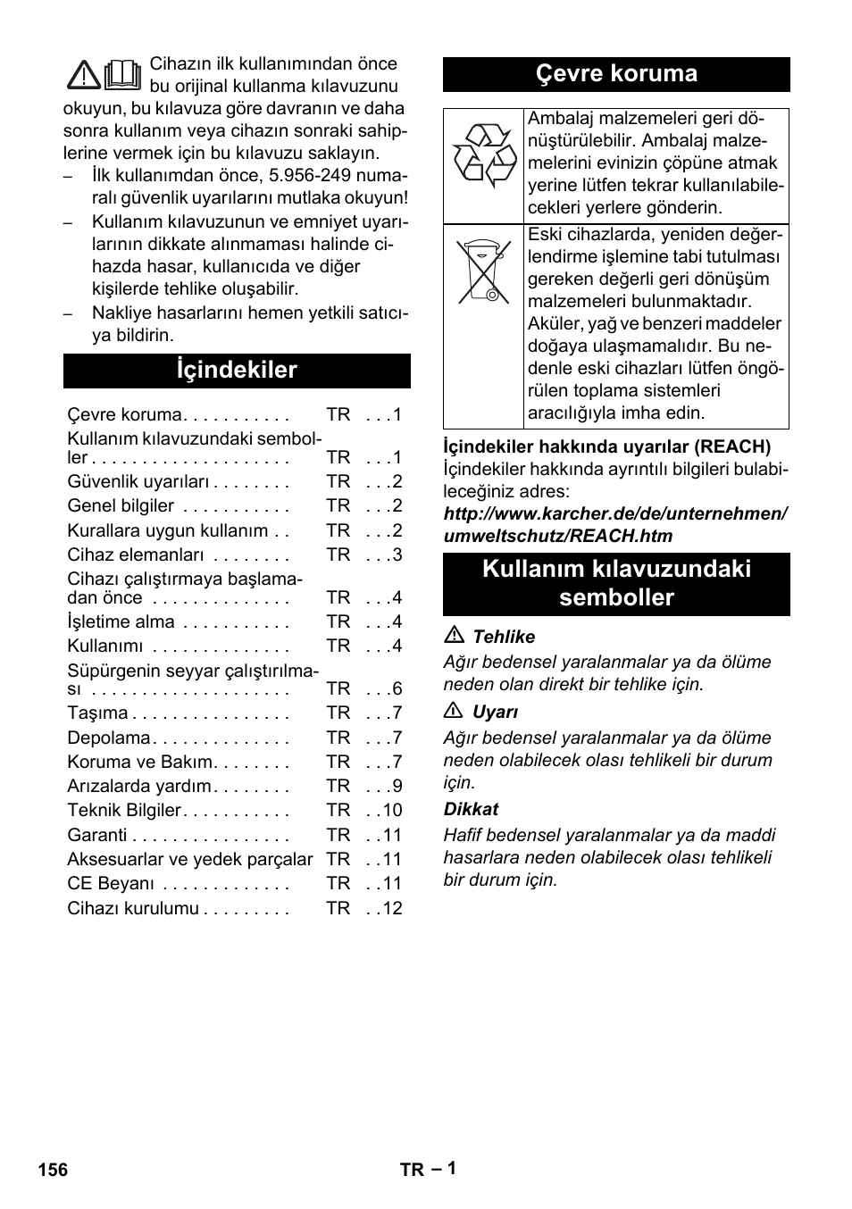 Türkçe, Içindekiler, Çevre koruma | Kullanım kılavuzundaki semboller | Karcher SB V1 Eco User Manual | Page 156 / 356