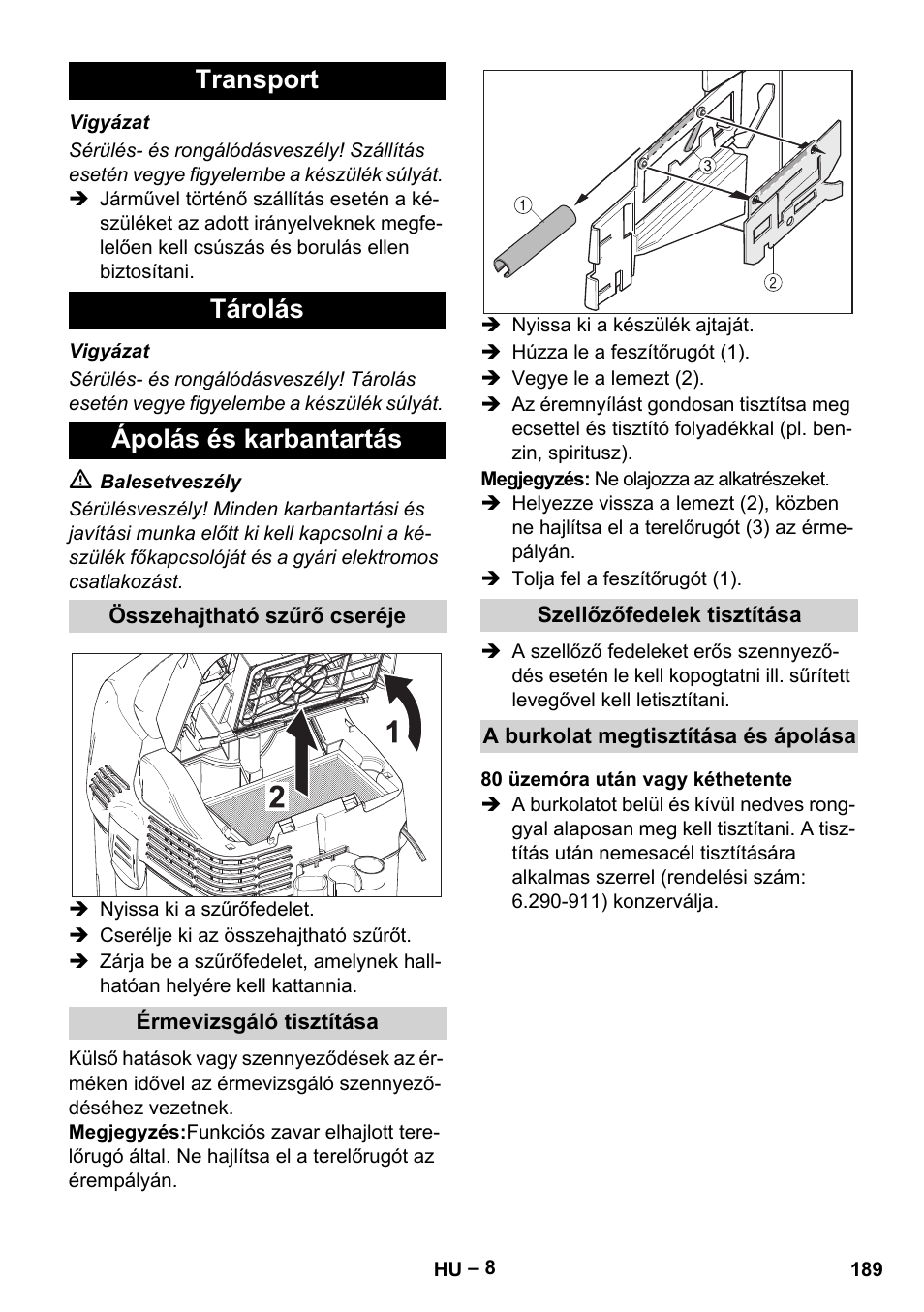 Transport tárolás ápolás és karbantartás | Karcher SB V1 Eco User Manual | Page 189 / 356