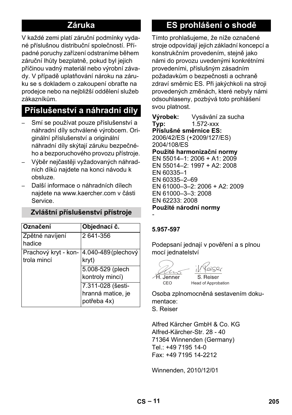 Záruka příslušenství a náhradní díly, Es prohlášení o shodě | Karcher SB V1 Eco User Manual | Page 205 / 356