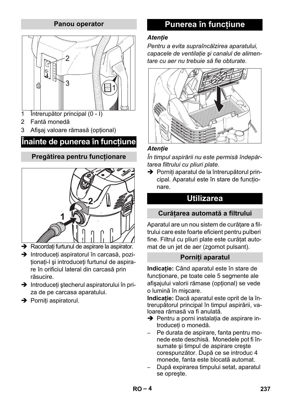 Înainte de punerea în funcţiune, Punerea în funcţiune utilizarea | Karcher SB V1 Eco User Manual | Page 237 / 356