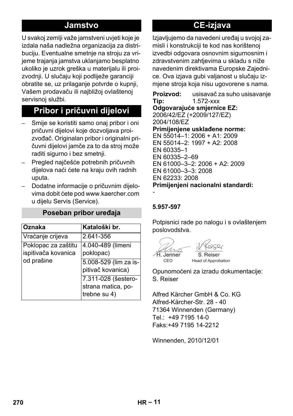 Jamstvo pribor i pričuvni dijelovi, Ce-izjava | Karcher SB V1 Eco User Manual | Page 270 / 356