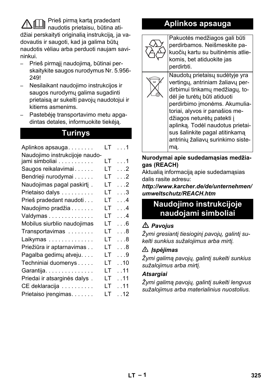 Lietuviškai, Turinys, Aplinkos apsauga | Naudojimo instrukcijoje naudojami simboliai | Karcher SB V1 Eco User Manual | Page 325 / 356