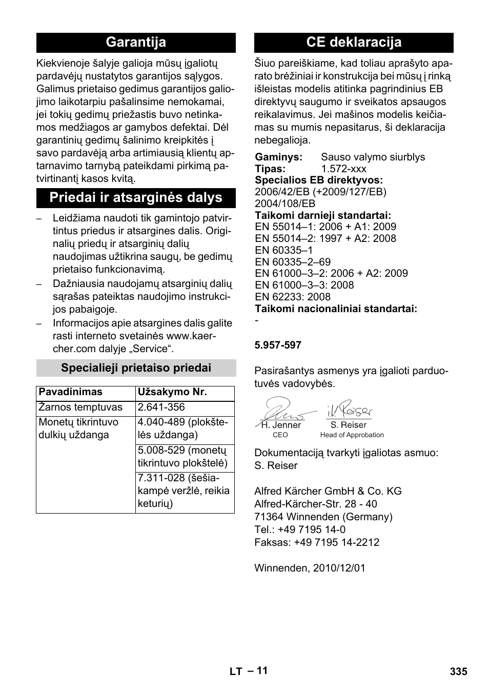 Garantija priedai ir atsarginės dalys, Ce deklaracija | Karcher SB V1 Eco User Manual | Page 335 / 356