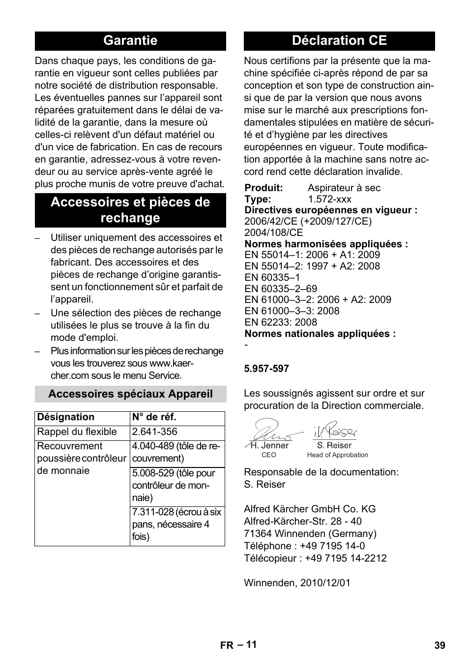 Garantie accessoires et pièces de rechange, Déclaration ce | Karcher SB V1 Eco User Manual | Page 39 / 356