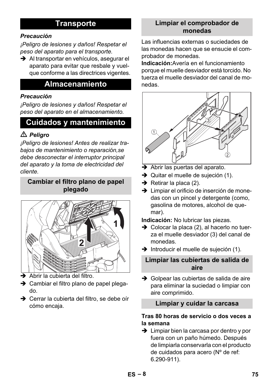 Transporte almacenamiento cuidados y mantenimiento | Karcher SB V1 Eco User Manual | Page 75 / 356