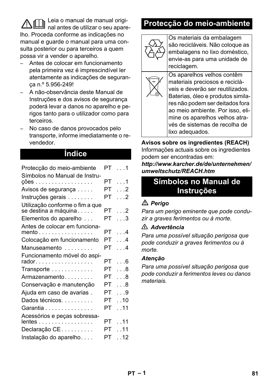 Português, Índice, Protecção do meio-ambiente | Símbolos no manual de instruções | Karcher SB V1 Eco User Manual | Page 81 / 356