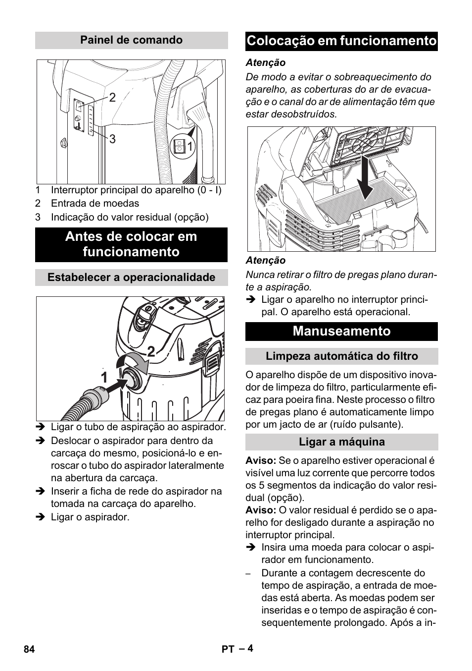 Antes de colocar em funcionamento, Colocação em funcionamento manuseamento | Karcher SB V1 Eco User Manual | Page 84 / 356